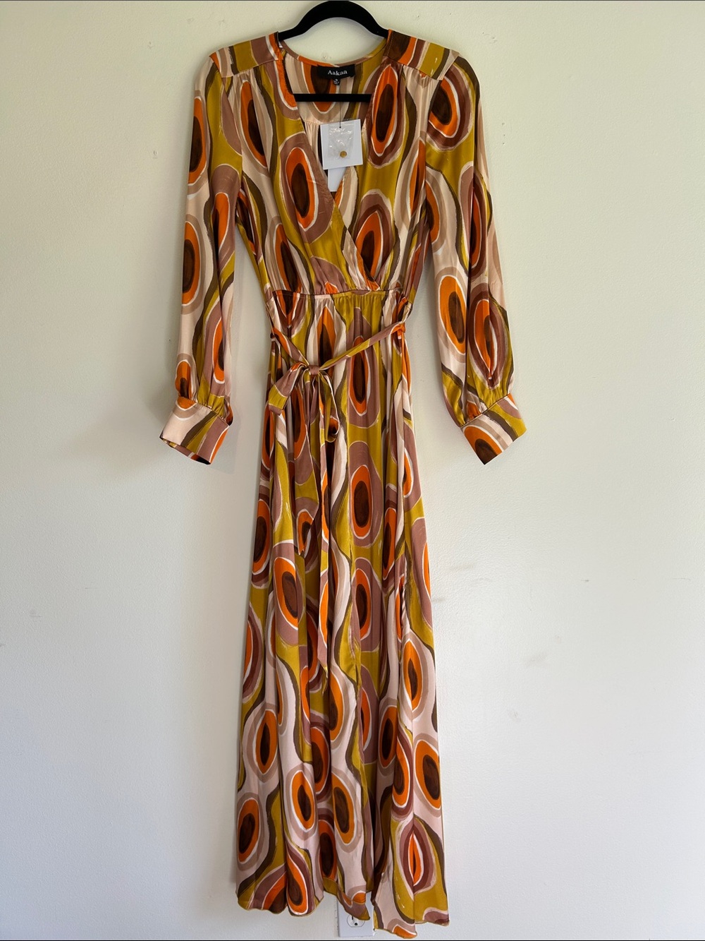 Aakaa Olive, Orange & Brown Abstract Wrap Maxi Dress NWT Small